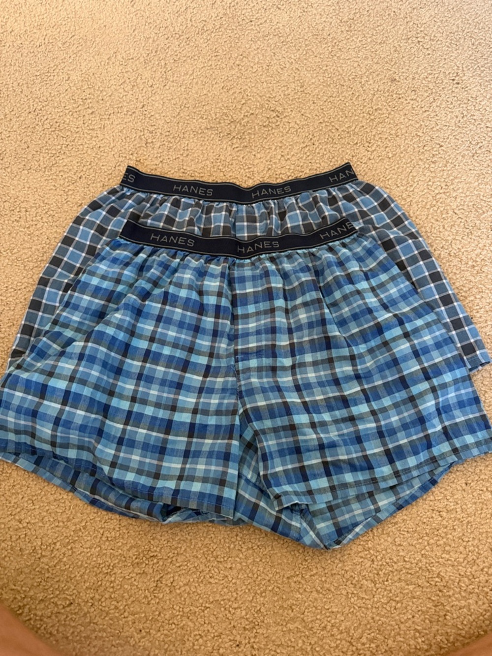 Hanes Men's Blue Plaid Boxer Shorts - Navy Trim Waistband